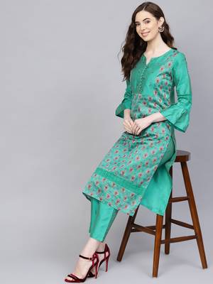 Green printed Chanderi stitched kurta sets 2