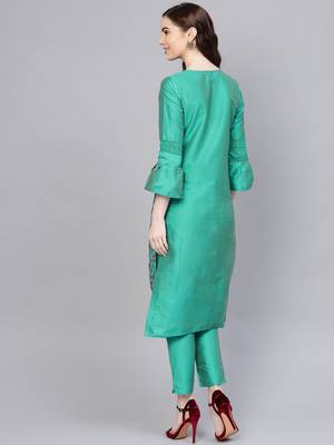 Green printed Chanderi stitched kurta sets 3