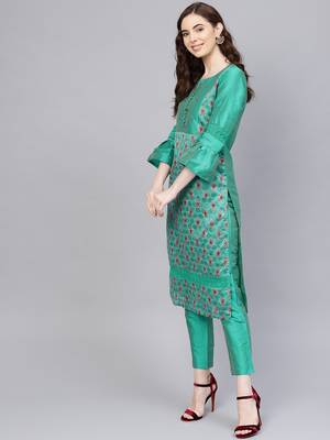 Green printed Chanderi stitched kurta sets 4