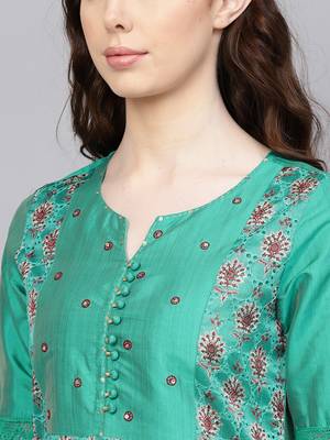 Green printed Chanderi stitched kurta sets 5