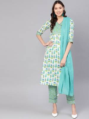 Off White printed Cotton stitched kurta sets 1