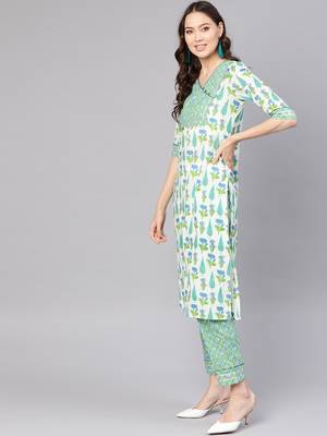 Off White printed Cotton stitched kurta sets 2