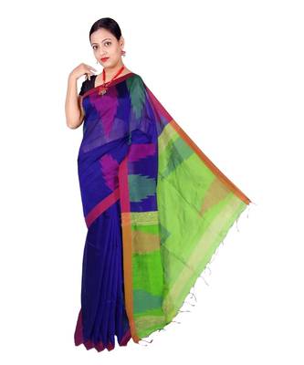 Blue Hand Weaving Work Box Temple Design Handloom saree With blouse 1