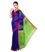 Blue Hand Weaving Work Box Temple Design Handloom saree With blouse