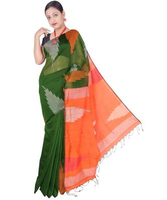 Bottle Green Hand Weaving Work Box Temple Design Handloom saree With blouse 1