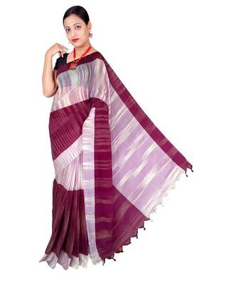 White Hand Weaving Work Cotton Ikkot Design Handloom saree With blouse 1