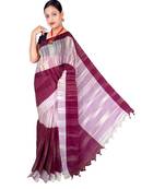 White Hand Weaving Work Cotton Ikkot Design Handloom saree With blouse