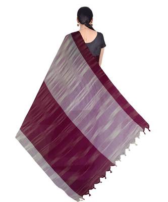 White Hand Weaving Work Cotton Ikkot Design Handloom saree With blouse 2