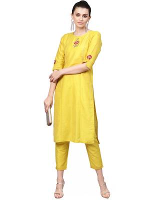 Yellow printed Cotton stitched kurta sets 2