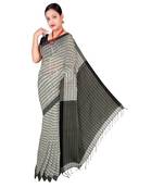 White & Black Hand Weaving Work Cotton Anarkali Design Handloom saree With blouse