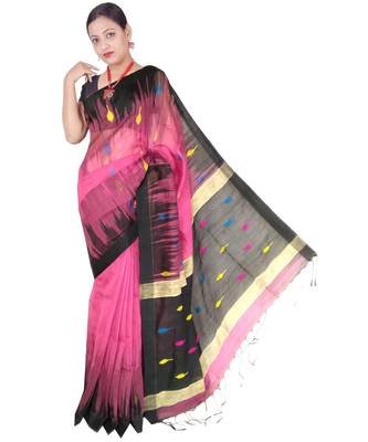 Pink Hand Weaving Work Cotton Silk Ikkot Design Handloom saree With blouse 1