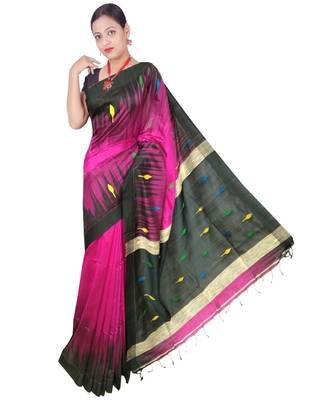 Hot Pink Hand Weaving Work Cotton Silk Ikkot Design Handloom saree With blouse 1