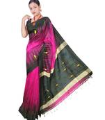 Hot Pink Hand Weaving Work Cotton Silk Ikkot Design Handloom saree With blouse