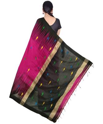 Hot Pink Hand Weaving Work Cotton Silk Ikkot Design Handloom saree With blouse 2