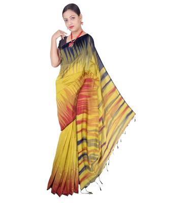 Yellow Hand Weaving Work Cotton Silk Ikkot Design Handloom saree With blouse 1