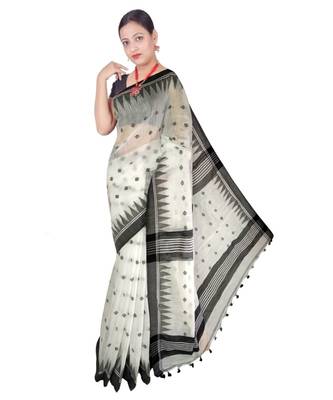 White Hand Weaving Work Cotton Silk Temple Design Handloom saree With blouse 1