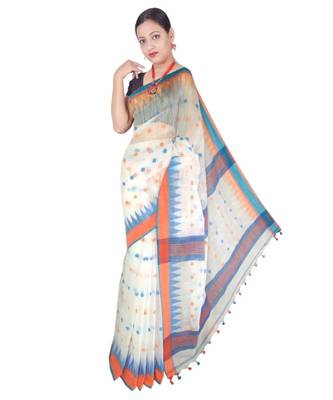 White Hand Weaving Work Cotton Silk Temple Design Handloom saree With blouse 1