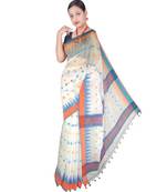 White Hand Weaving Work Cotton Silk Temple Design Handloom saree With blouse
