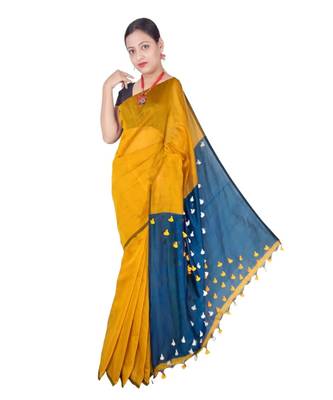 Yellow Hand Weaving Work Cotton Silk Pom Pom Design Handloom saree With blouse 1