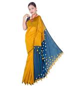 Yellow Hand Weaving Work Cotton Silk Pom Pom Design Handloom saree With blouse