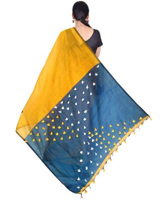 Yellow Hand Weaving Work Cotton Silk Pom Pom Design Handloom saree With blouse 2