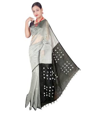 White Hand Weaving Work Cotton Silk Pom Pom Design Handloom saree With blouse 1