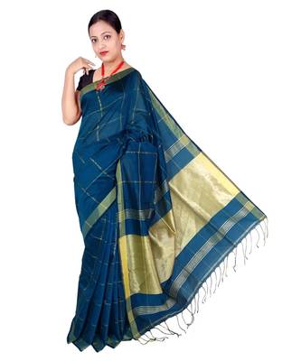 Green Hand Weaving  & Jori Work Cotton Silk Check Design Handloom saree With blouse 1