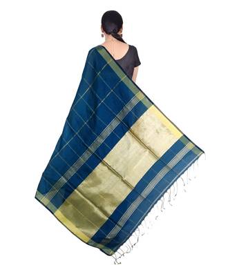 Green Hand Weaving  & Jori Work Cotton Silk Check Design Handloom saree With blouse 2