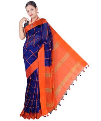 Blue Hand Weaving Work Cotton Silk Check Design Handloom saree With blouse 1