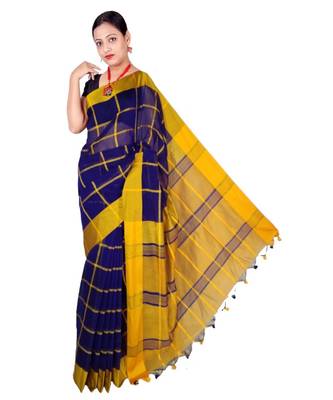 Blue Hand Weaving Work Cotton Silk Check Design Handloom saree With blouse 1