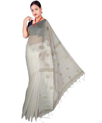 White Hand Weaving Work Cotton Silk Ball Design Handloom saree With blouse 1