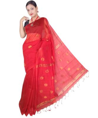 Red Hand Weaving Work Cotton Silk Ball Design Handloom saree With blouse 1