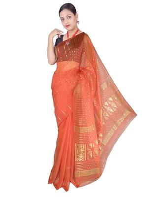 Peach Hand Weaving Work Cotton Silk Ball Jamdani  Handloom saree Without blouse 1