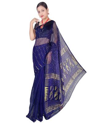 Blue Hand Weaving Work Cotton Silk Ball Jamdani  Handloom saree Without blouse 1
