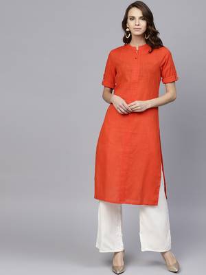 Orange printed Cotton stitched kurta sets 1