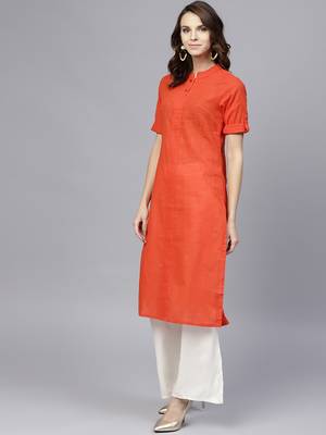 Orange printed Cotton stitched kurta sets 2