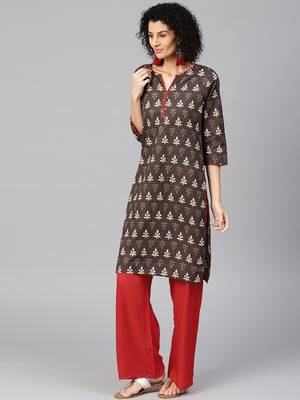 Brown printed Cotton stitched kurta sets 1