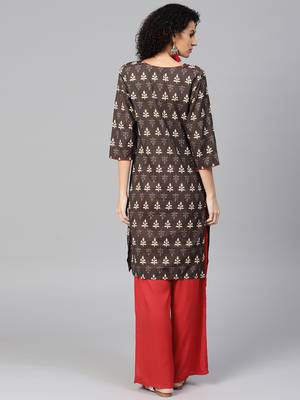Brown printed Cotton stitched kurta sets 3