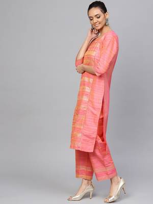 Pink printed Cotton stitched kurta sets 2