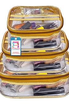 atorakushon   Fabric Multipurpose Make Up Pouches Jewellery Necklace Cosmetic Organizer for Wardrobe Set Of 3 Gold