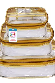 atorakushon   Fabric Multipurpose Make Up Pouches Jewellery Necklace Cosmetic Organizer for Wardrobe Set Of 3 Gold
