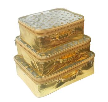 atorakushon®Fabric Multipurpose 22x17x9Cm MakeUp Pouches Jewellery Necklace Cosmetic Organizer for Wardrobe Set of3 Gold 1