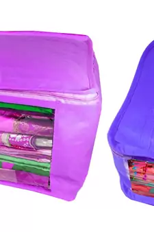 Atorakushon non wovan Fabric Combo Saree Cover Blouse Clothes Storage Bag Wardrobe Organiser Set of 2 (Purple)
