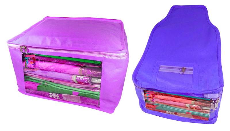 Atorakushon non wovan Fabric Combo Saree Cover Blouse Clothes Storage Bag Wardrobe Organiser Set of 2 (Purple)