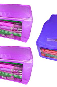 Atorakushon non wovan Fabric Combo Saree Cover Blouse Clothes Storage Bag Wardrobe Organiser Set of 3 (Purple)