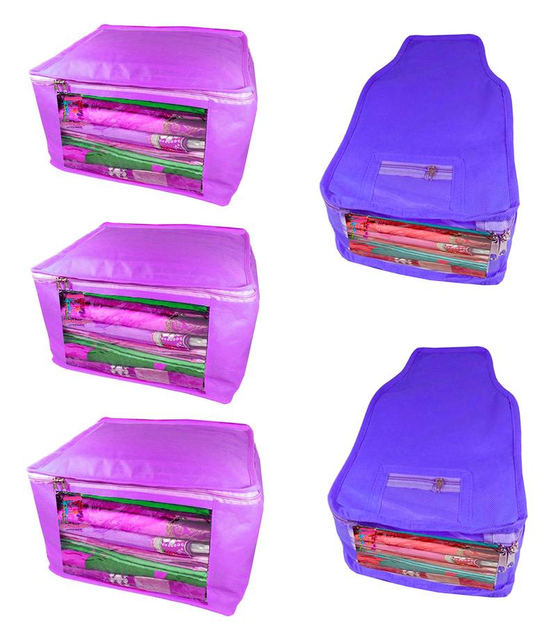 Atorakushon non wovan Fabric Combo Saree Cover Blouse Clothes Storage Bag Wardrobe Organiser Set of 5 (Purple)