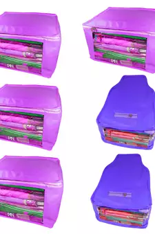 Atorakushon non wovan Fabric Combo Saree Cover Blouse Clothes Storage Bag Wardrobe Organiser Set of 6 (Purple)