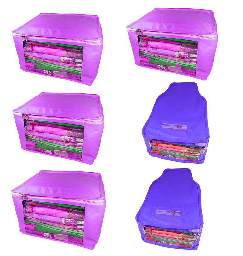 Atorakushon non wovan Fabric Combo Saree Cover Blouse Clothes Storage Bag Wardrobe Organiser Set of 6 (Purple)