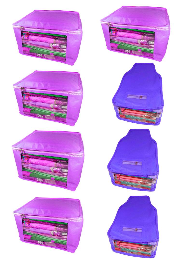 Atorakushon non wovan Fabric Combo Saree Cover Blouse Clothes Storage Bag Wardrobe Organiser Set of 8 (Purple)
