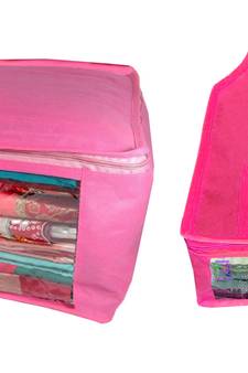 Atorakushon non wovan Fabric Combo Saree Cover Blouse Clothes Storage Bag Wardrobe Organiser Set of 2 (Pink)